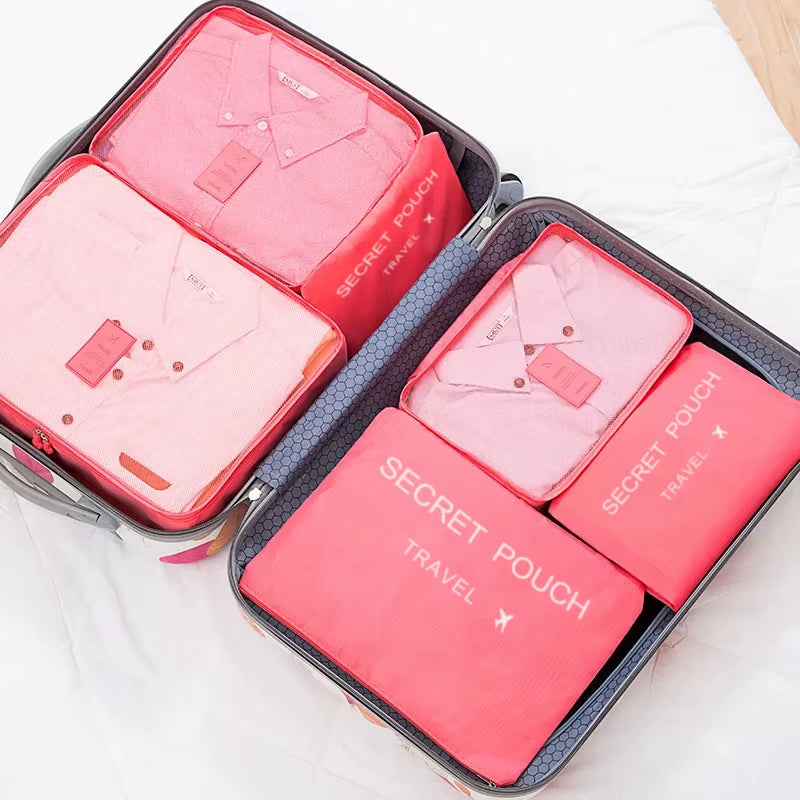 6-Piece Set of Waterproof Travel Storage Bags in Pink, Blue, and Grey - Large Capacity Luggage and Clothing Organizer with Zipper