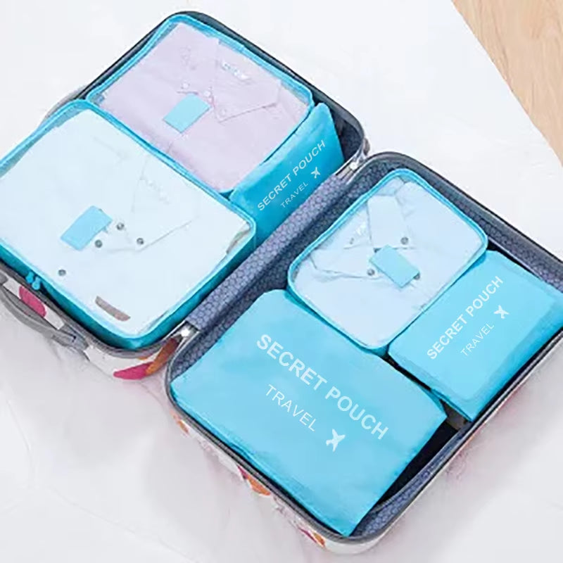 6-Piece Set of Waterproof Travel Storage Bags in Pink, Blue, and Grey - Large Capacity Luggage and Clothing Organizer with Zipper