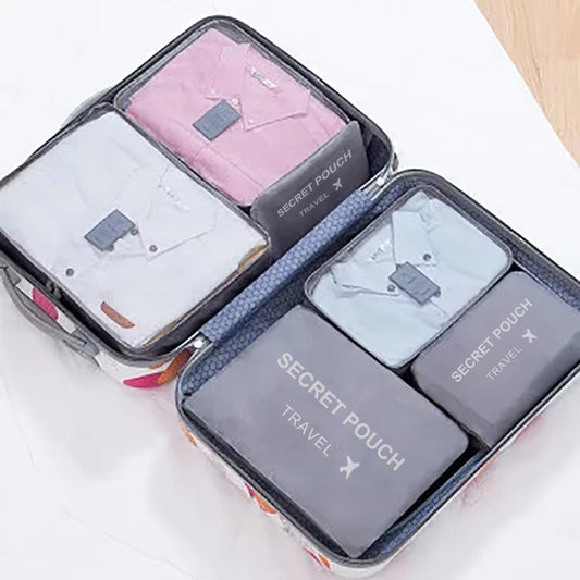 6-Piece Set of Waterproof Travel Storage Bags in Pink, Blue, and Grey - Large Capacity Luggage and Clothing Organizer with Zipper