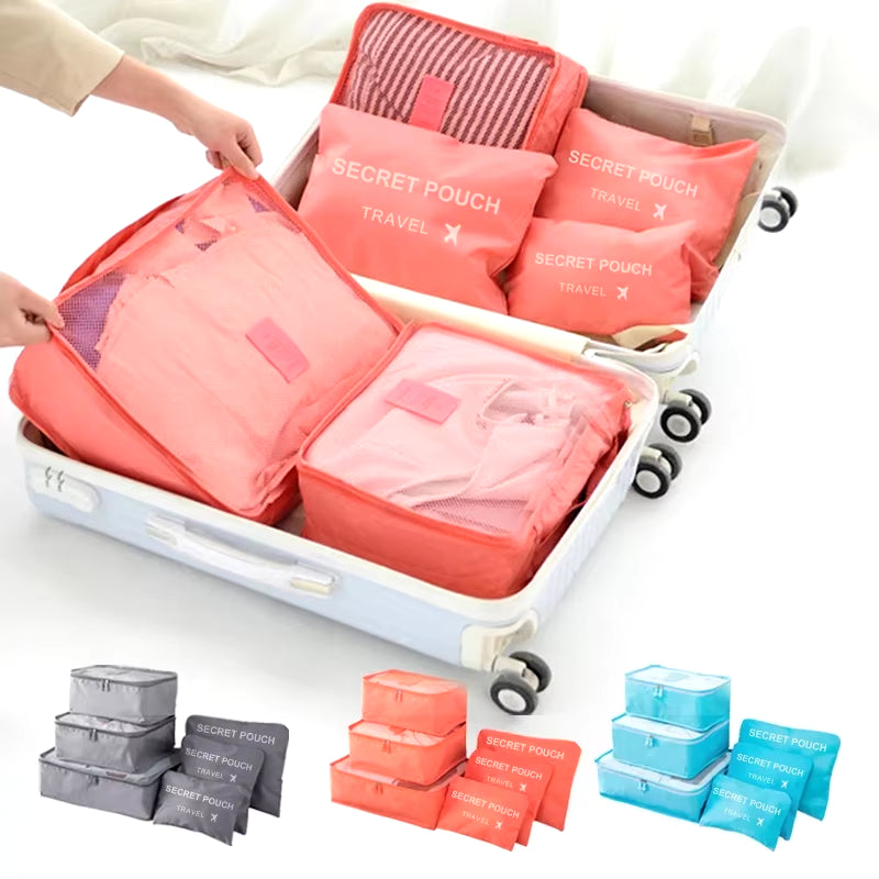 6-Piece Set of Waterproof Travel Storage Bags in Pink, Blue, and Grey - Large Capacity Luggage and Clothing Organizer with Zipper