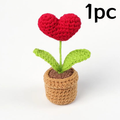 Handmade Knitted Flower Pot Red Heart Shaped