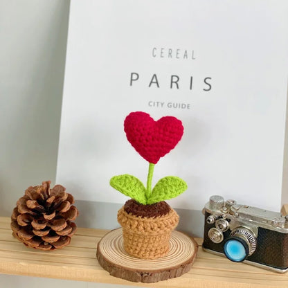 Handmade Knitted Flower Pot Red Heart Shaped