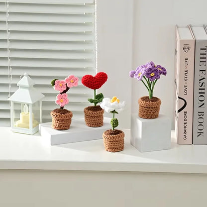 Handmade Knitted Flower Pot Red Heart Shaped