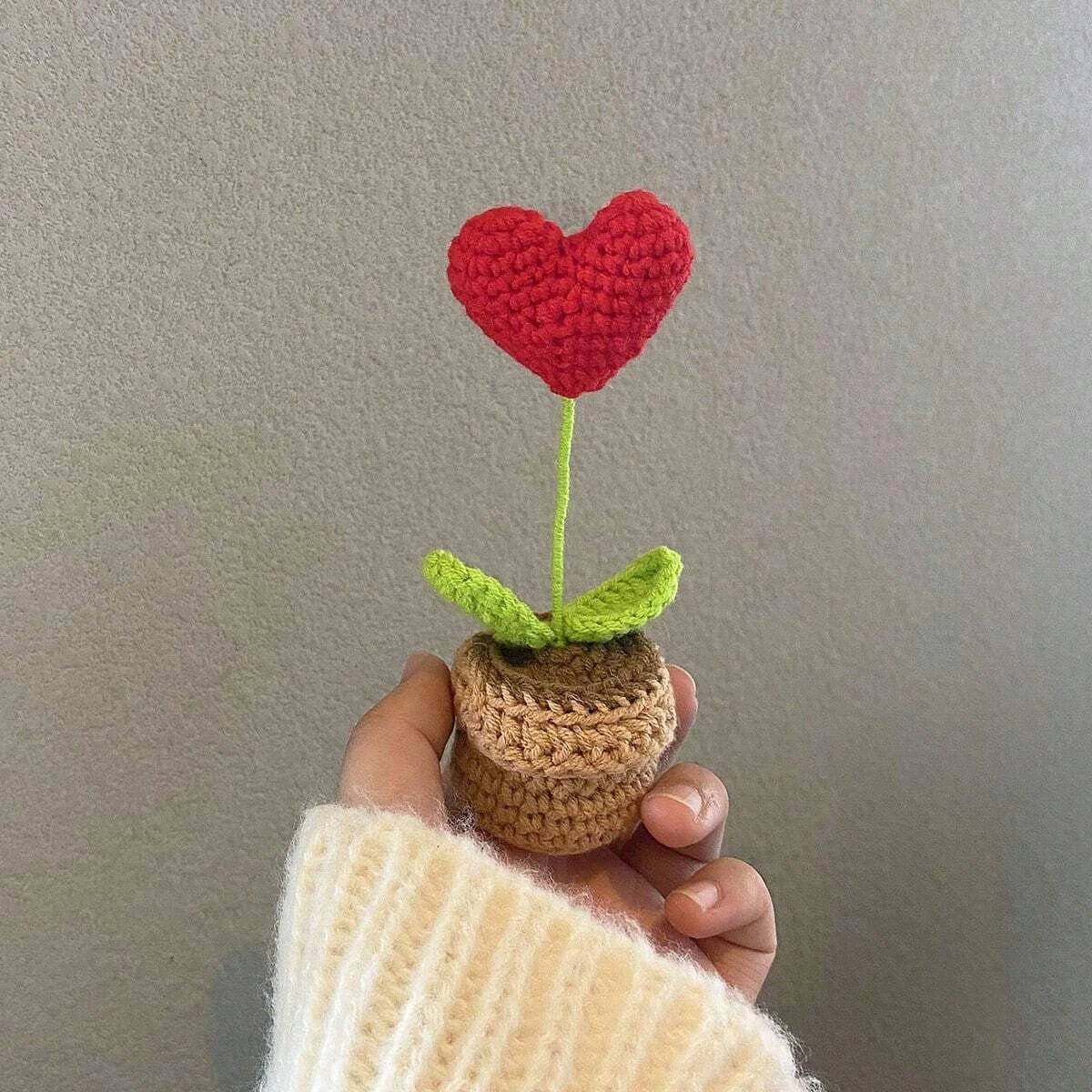 Handmade Knitted Flower Pot Red Heart Shaped