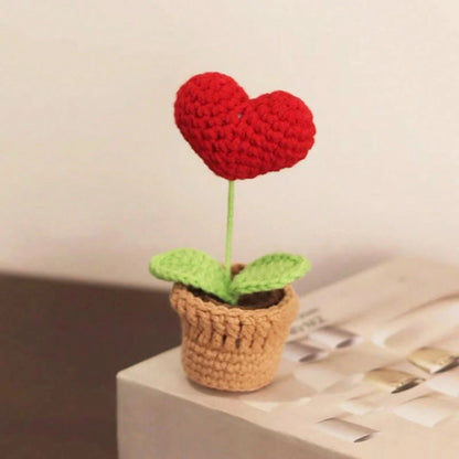 Handmade Knitted Flower Pot Red Heart Shaped