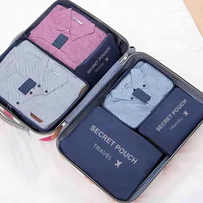 6-Piece Set of Waterproof Travel Storage Bags in Pink, Blue, and Grey - Large Capacity Luggage and Clothing Organizer with Zipper